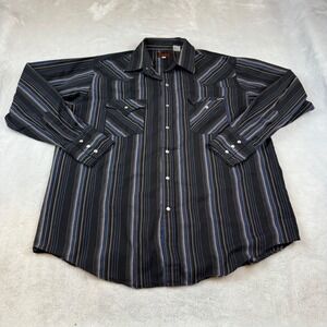 PLAINS WESTERN WEAR Mens L Long Sleeve Black Blue Grey Striped Snap Button Shirt